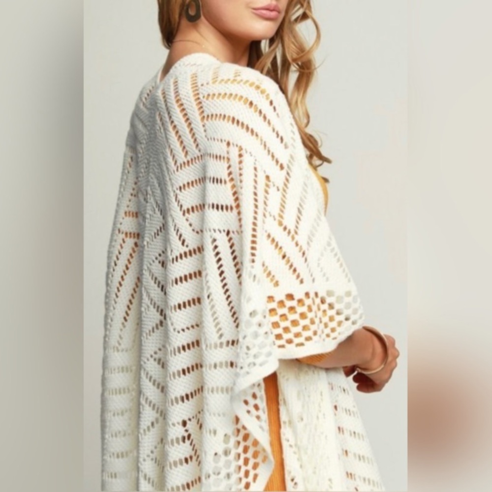 Ivory Long Crochet Ruana with Fringe - Picture 3 of 5